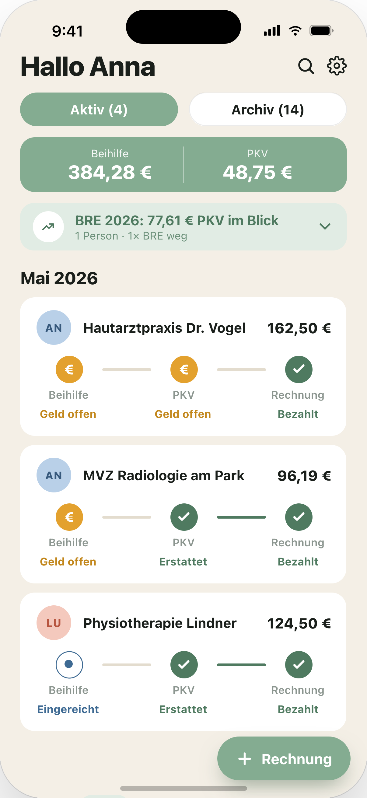 BeihilfeBuddy auf dem iPhone — Übersicht aller Rechnungen mit Status