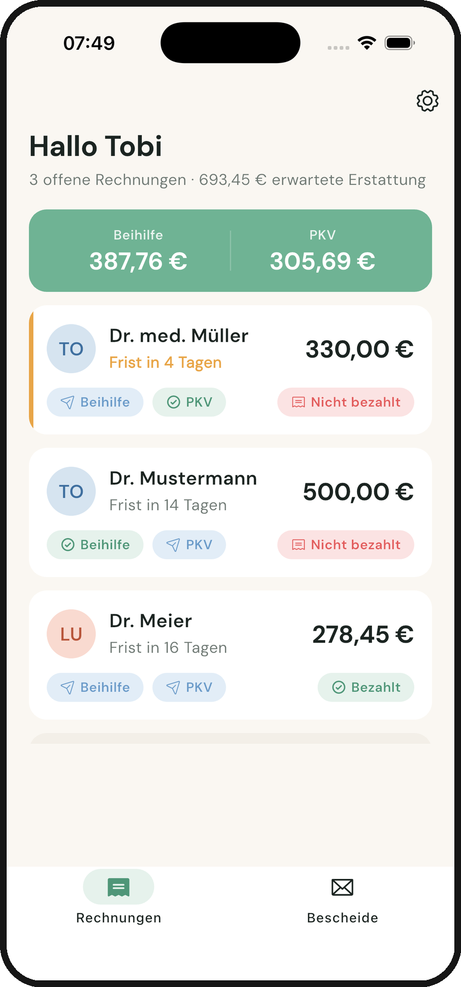 BeihilfeBuddy iPhone-App: Übersicht offener Rechnungen