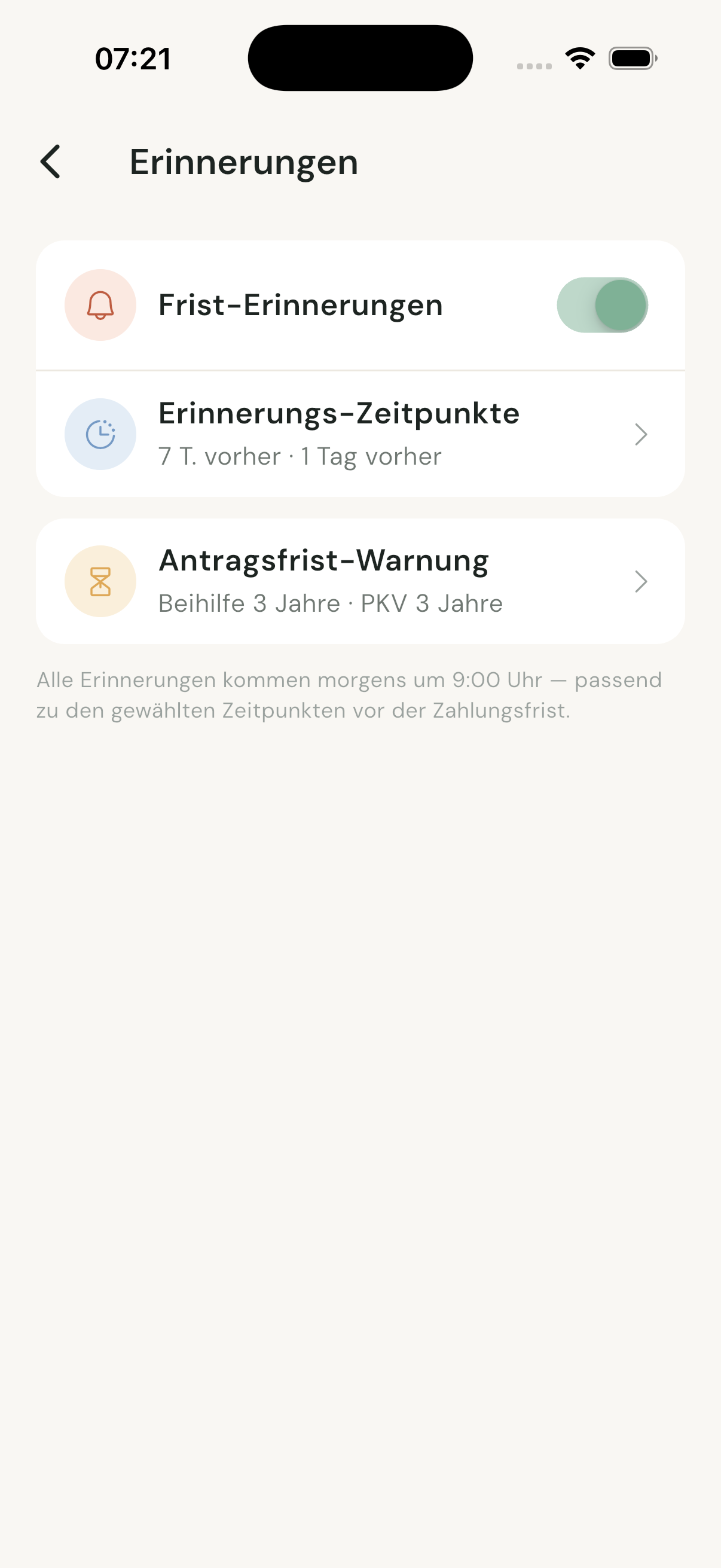 Erinnerungs-Einstellungen in BeihilfeBuddy