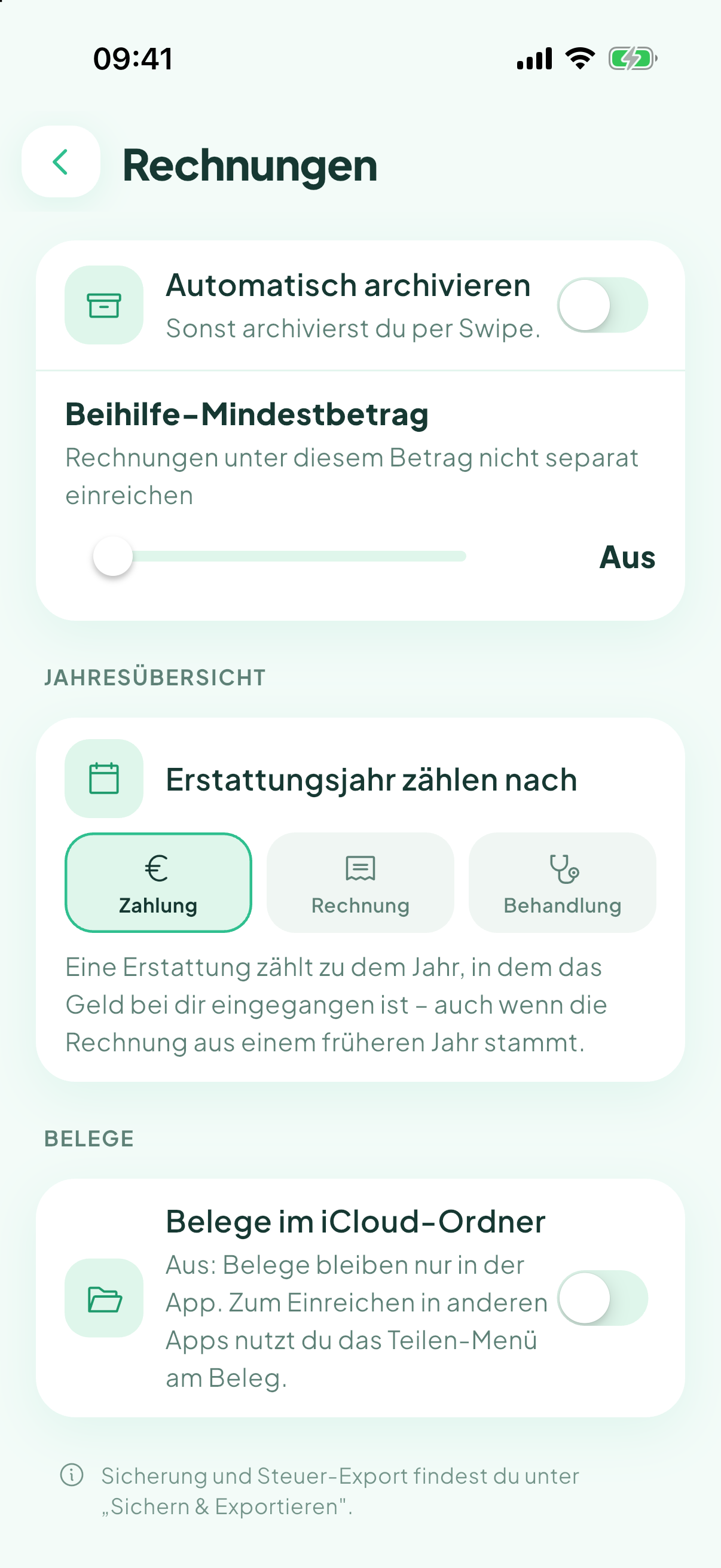Auswahl der Zählweise für das Erstattungsjahr in BeihilfeBuddy