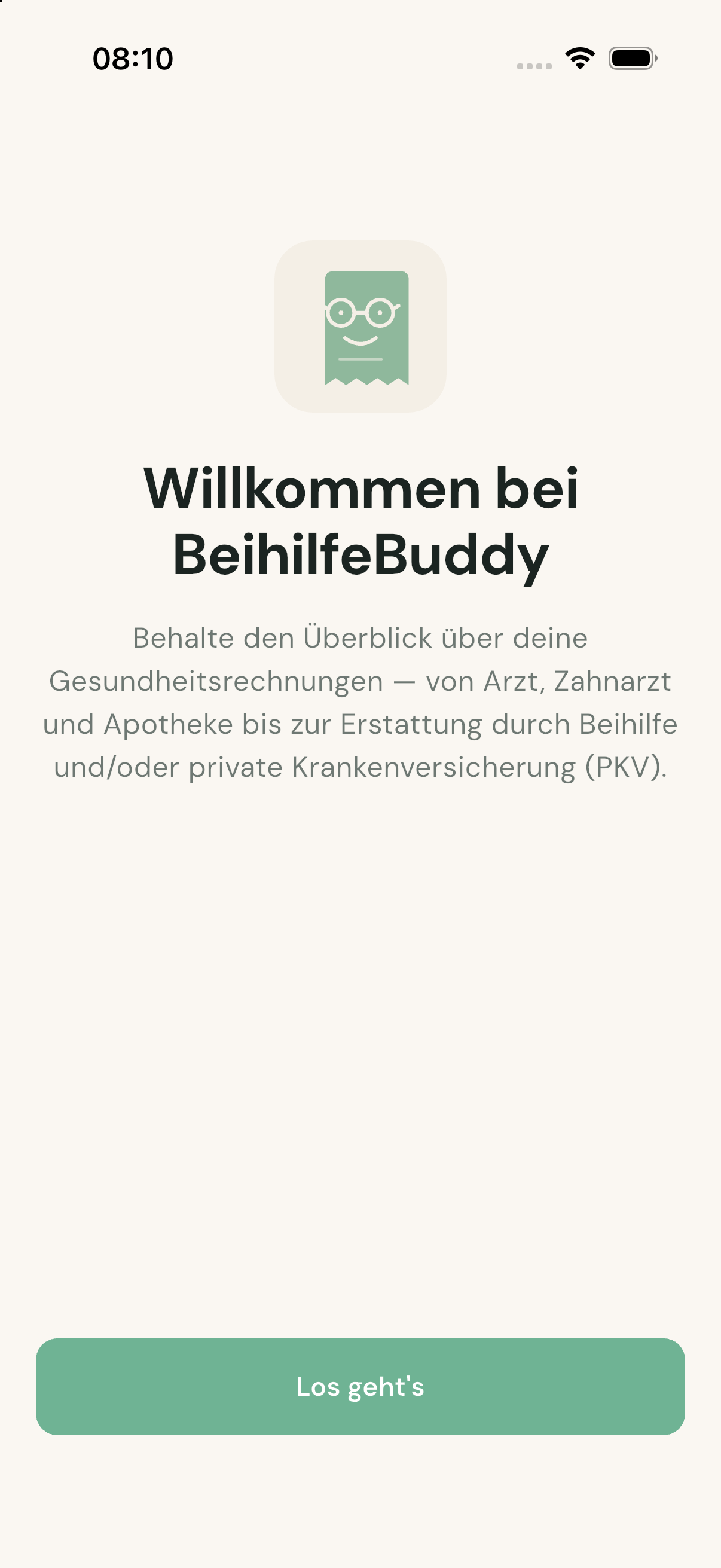 Willkommensbildschirm von BeihilfeBuddy beim ersten Start