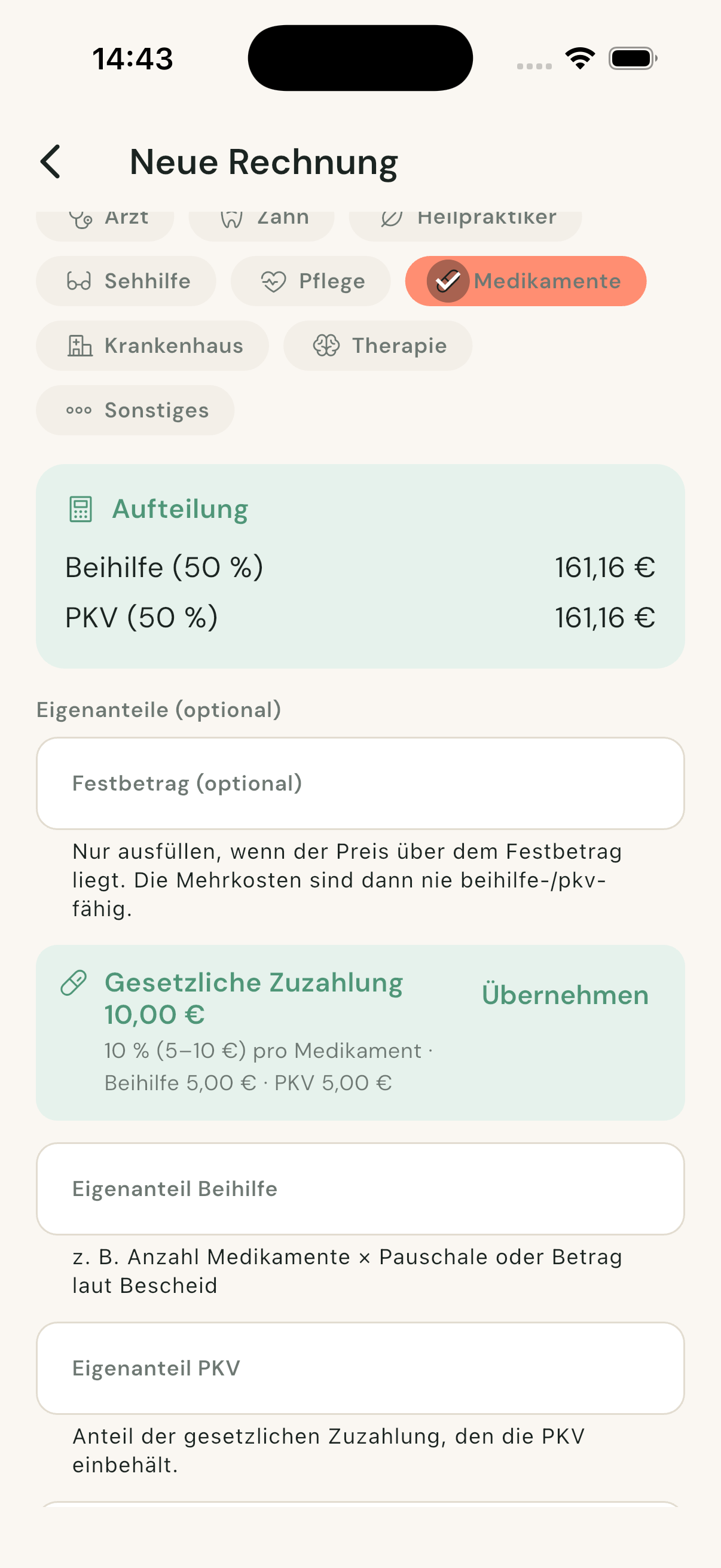 Festbetrag-Feld beim Anlegen eines Medikamenten-Belegs in BeihilfeBuddy