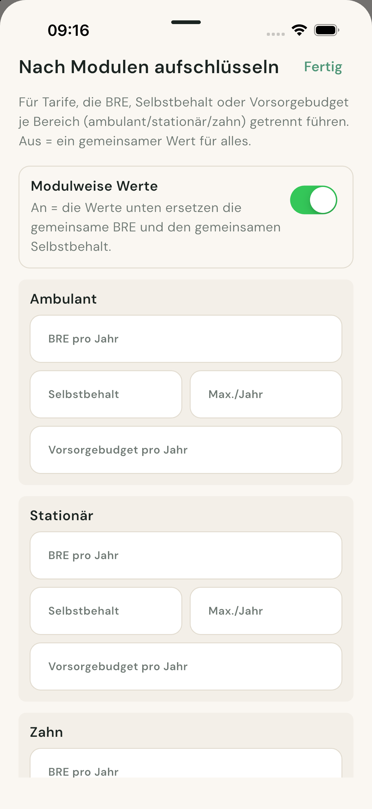 Vorsorgebudget-Feld in der modulweisen Konfiguration