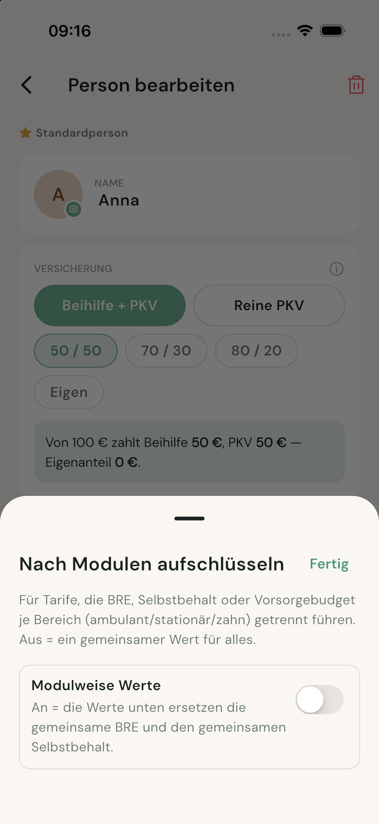 Modulweise Werte umschalten in BeihilfeBuddy