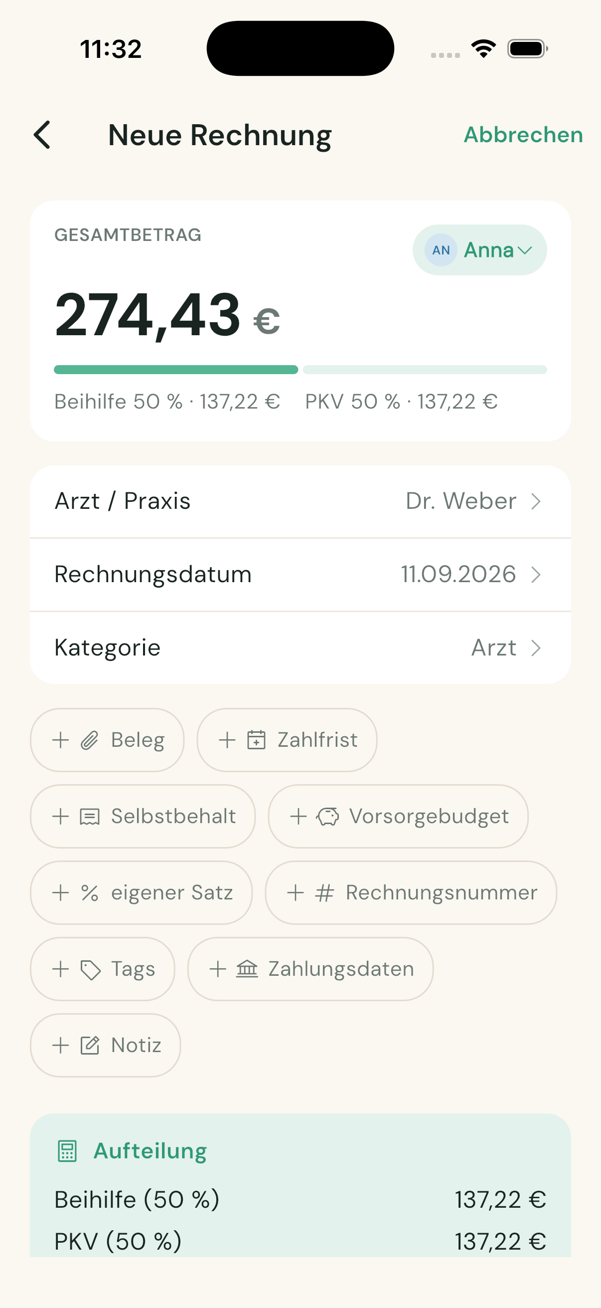 Rechnungsformular in BeihilfeBuddy