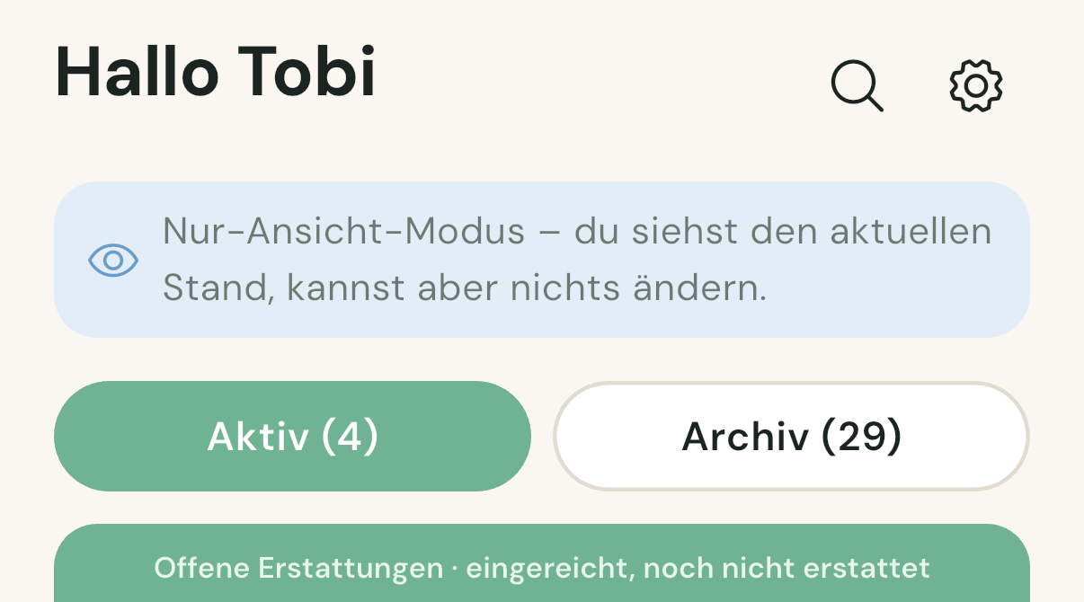 Home-Screen mit Nur-Ansicht-Modus-Banner