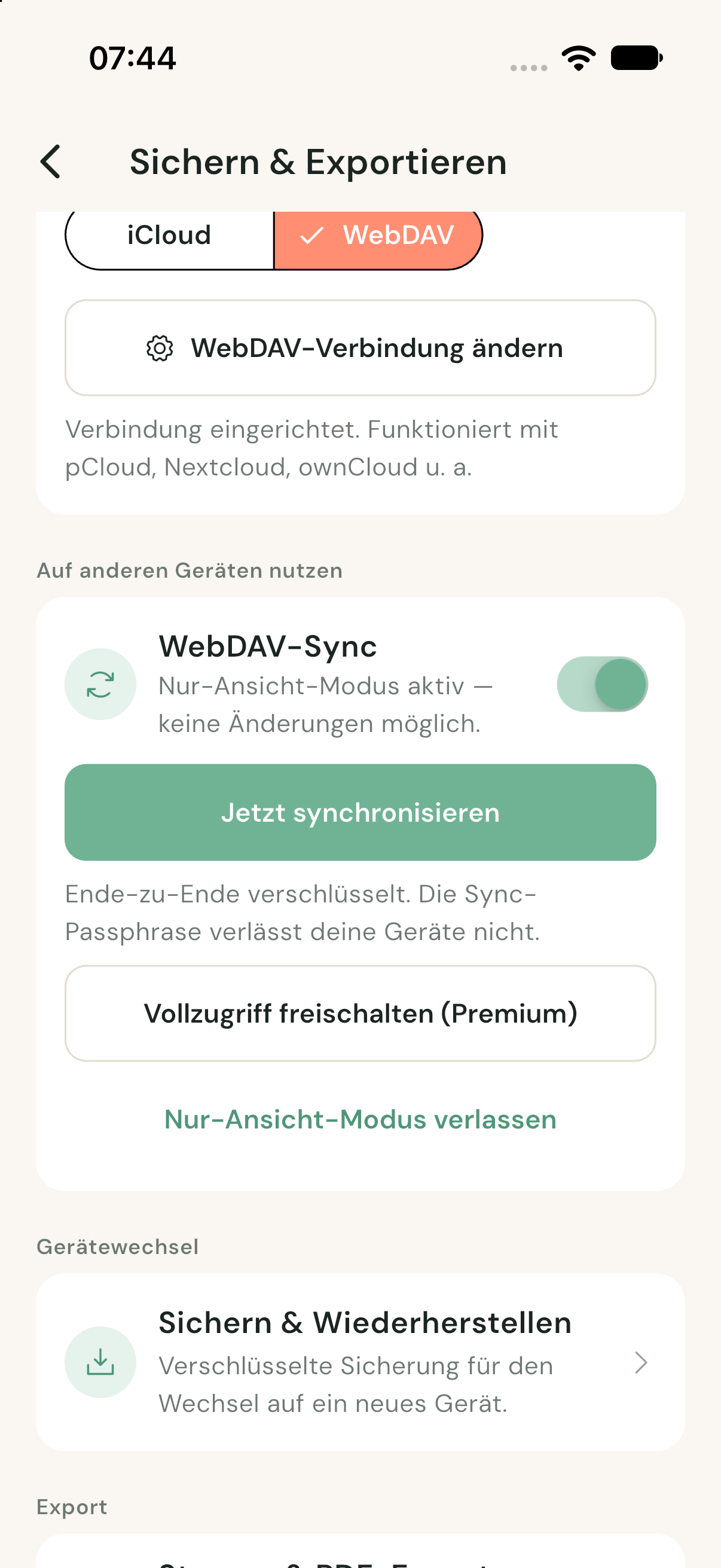 Sync-Einstellungen mit Button „Nur-Ansicht-Modus verlassen