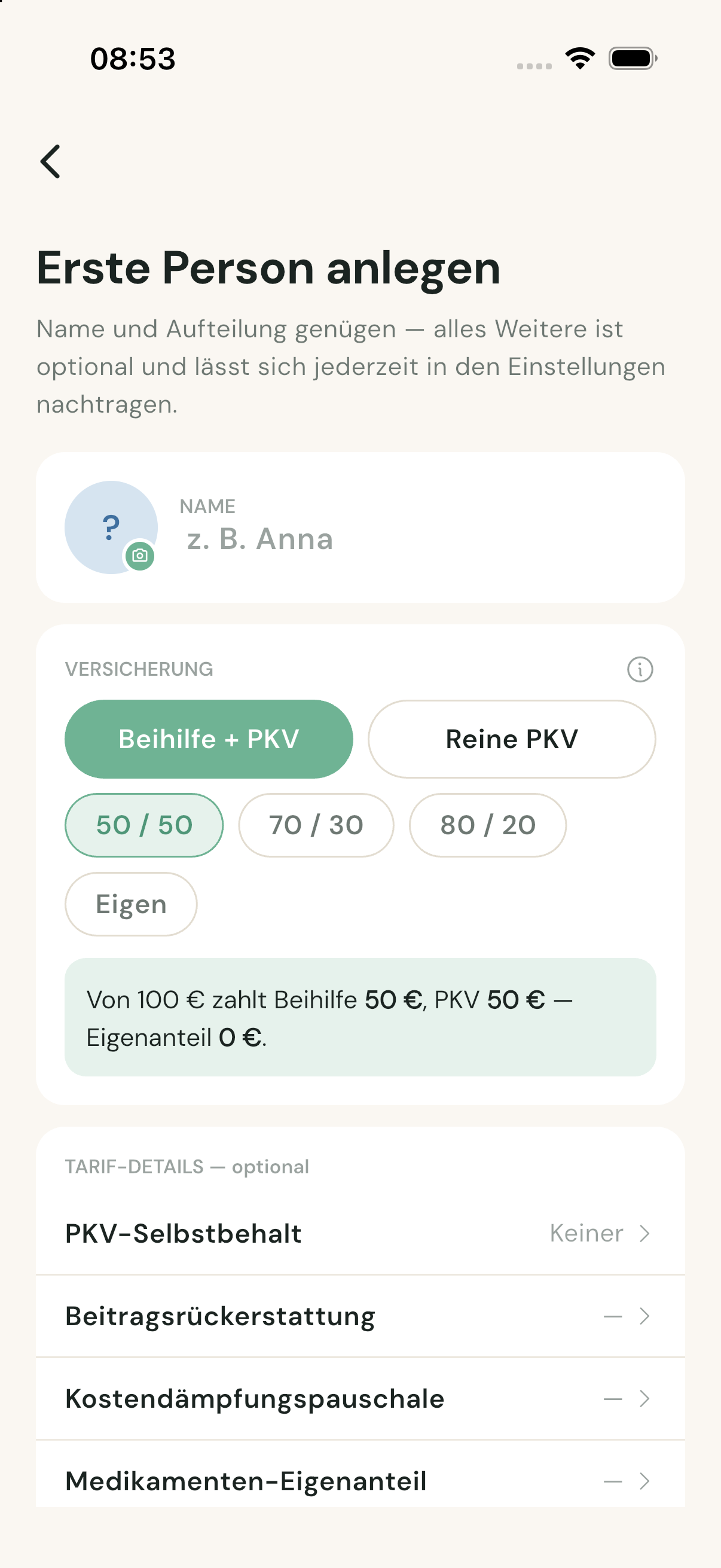 Erste Person anlegen in BeihilfeBuddy