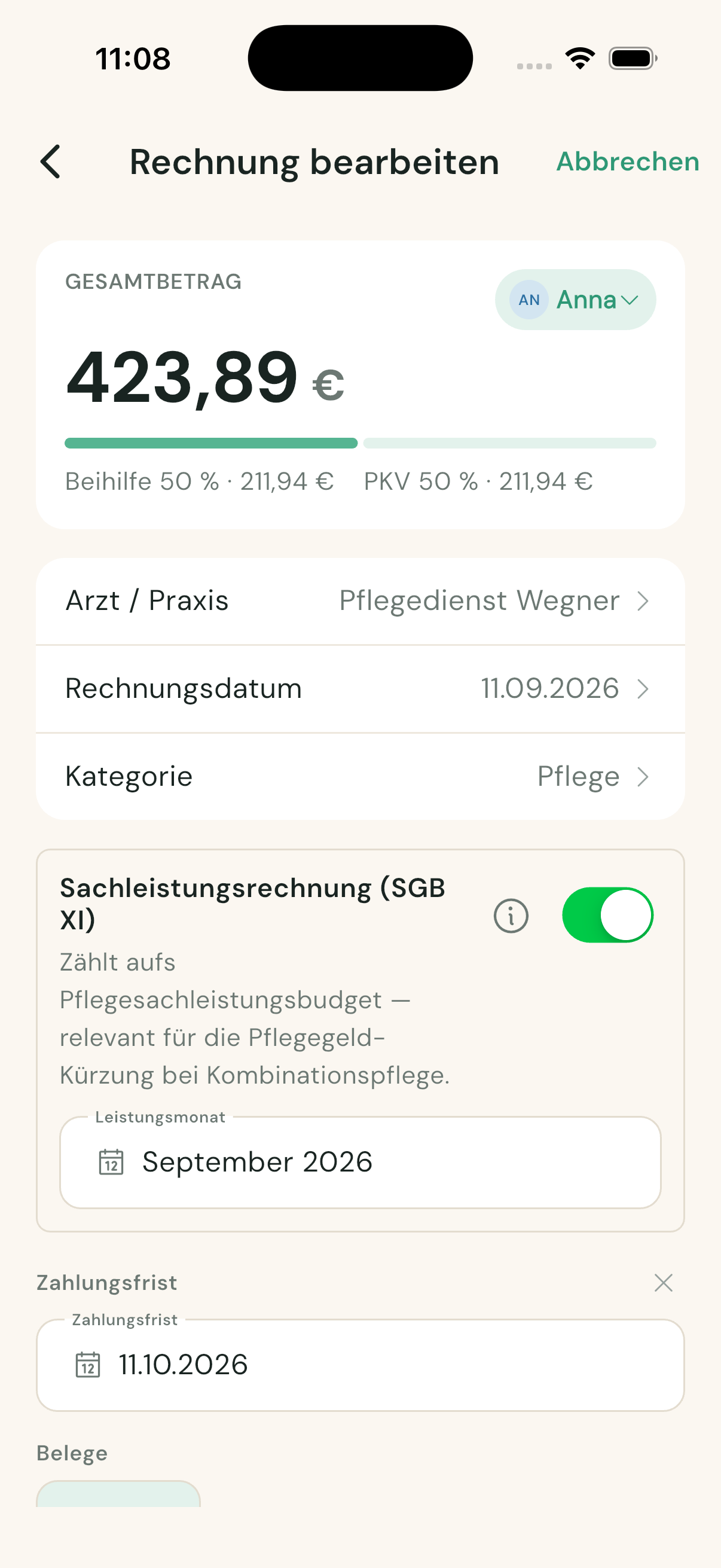 Schalter „Sachleistungsrechnung (SGB XI)
