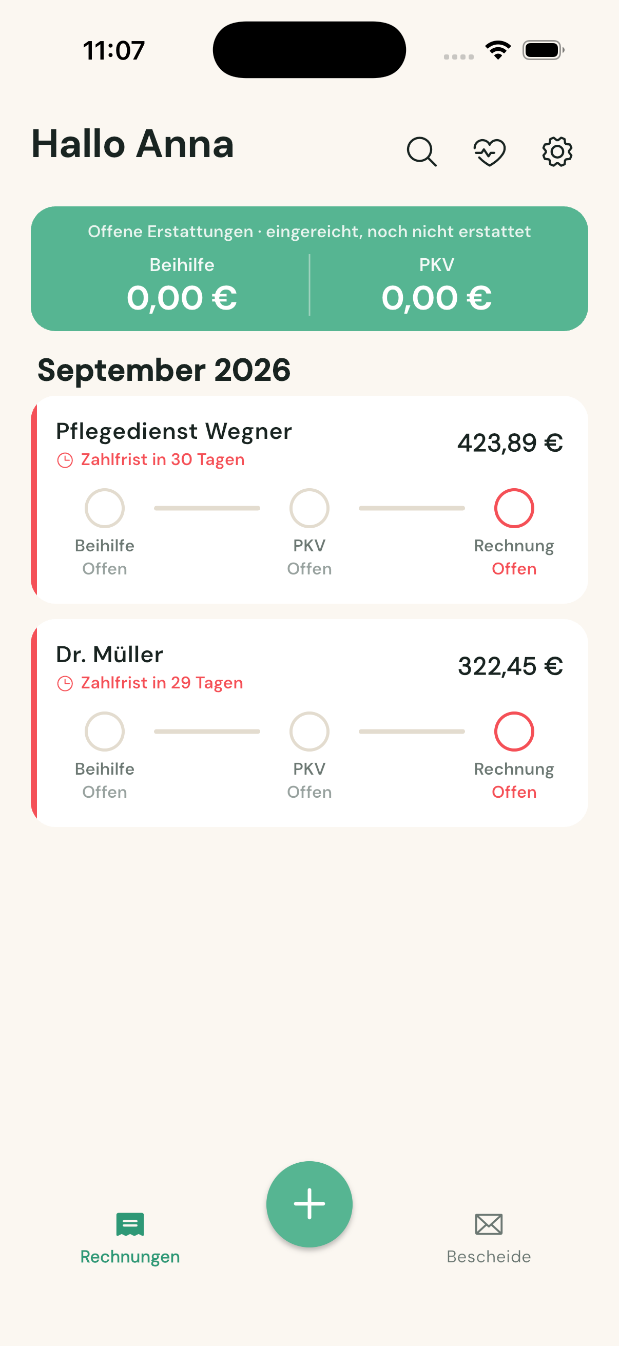 Home-Screen von BeihilfeBuddy mit dem neuen Herz-Symbol für die Pflegegeld-Monatsübersicht