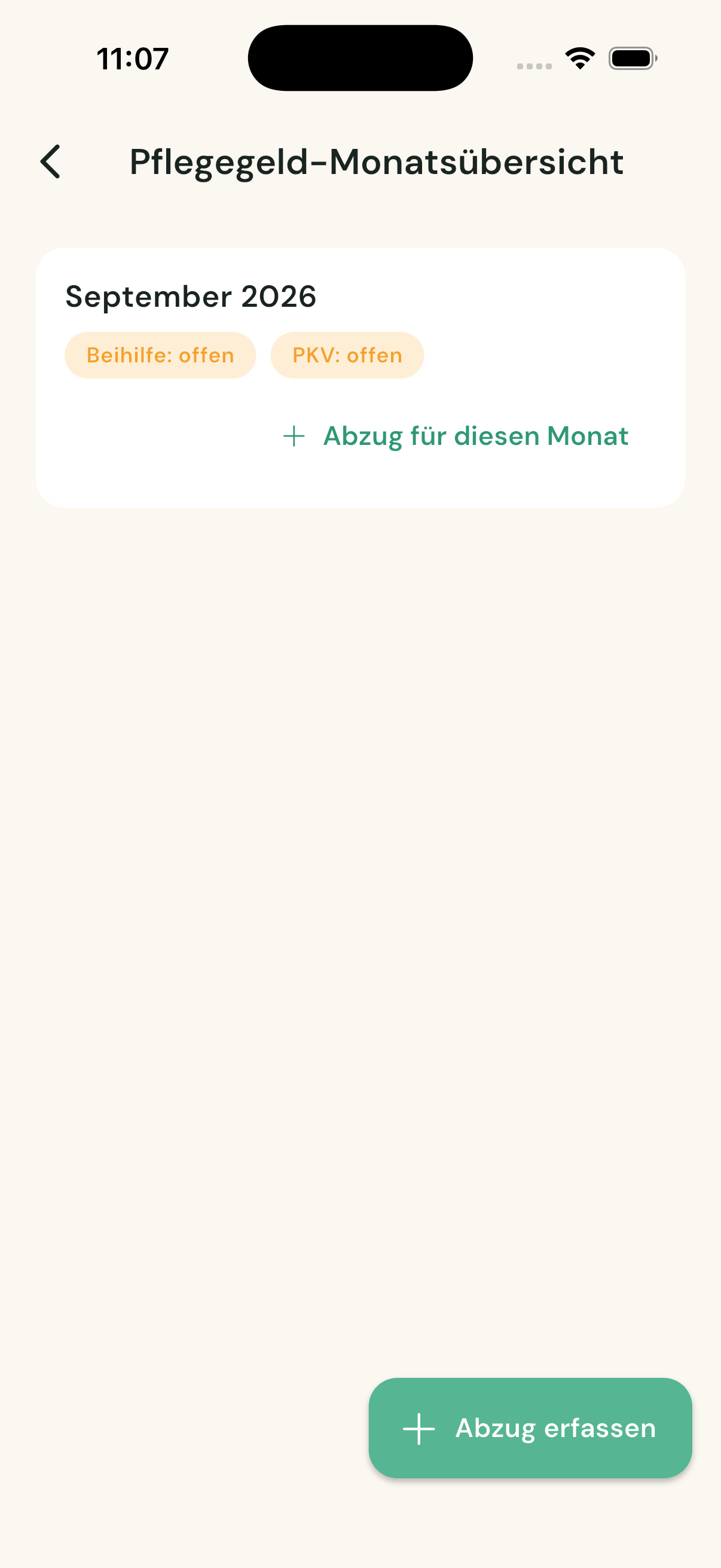 Pflegegeld-Monatsübersicht mit Status je Monat für Beihilfe und PKV