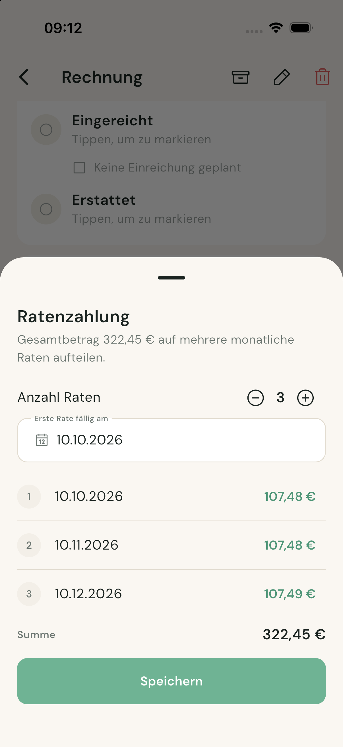 Ratenzahlungs-Sheet in BeihilfeBuddy