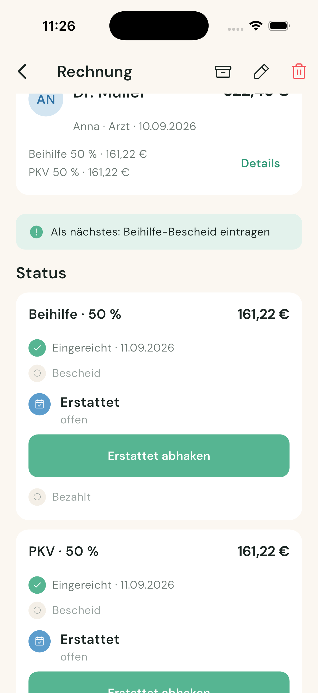Beihilfe- und PKV-Status in der Rechnungs-Detailansicht