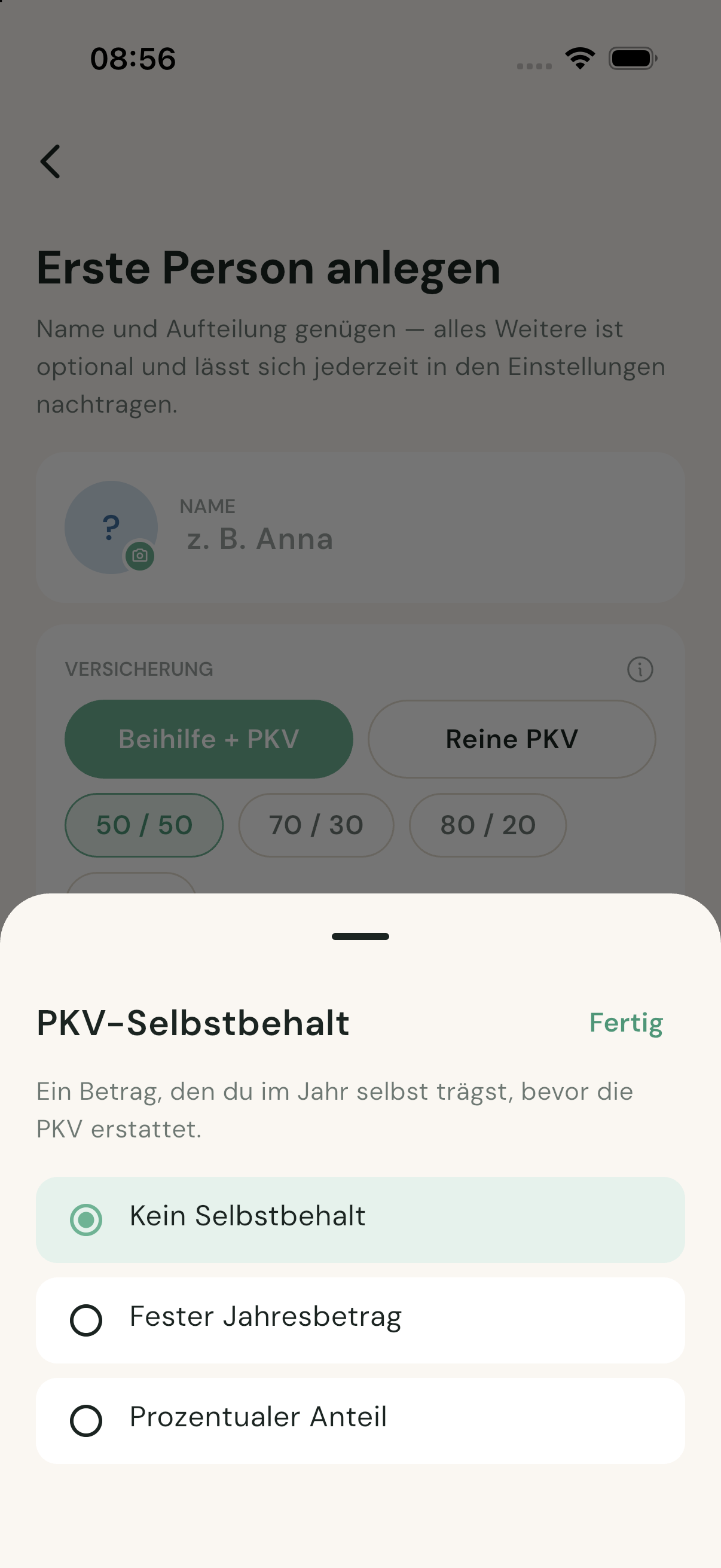 PKV-Selbstbehalt-Modi in BeihilfeBuddy
