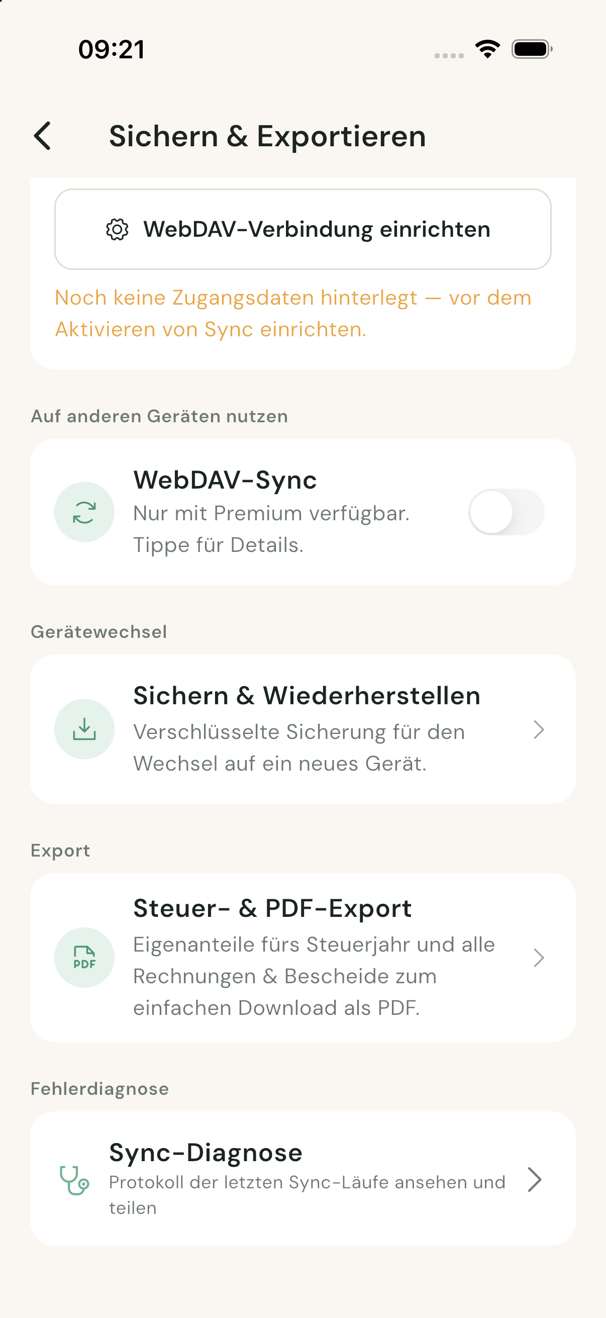 WebDAV-Übersicht mit Sync-Diagnose